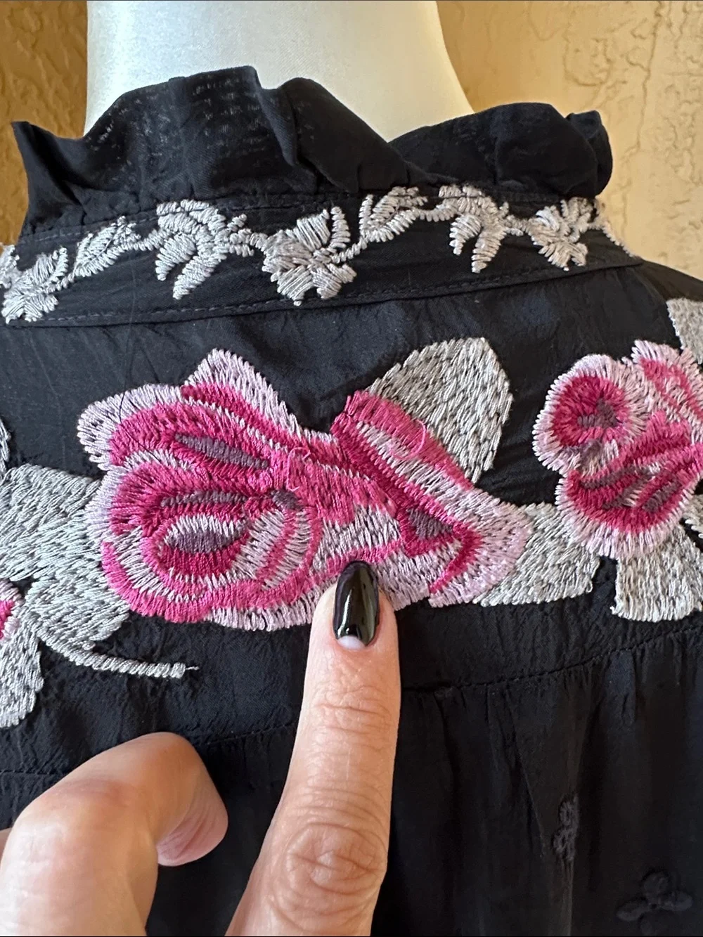 Johnny Was Black Blouse with Pink Rose Embroidery - Picture 9 of 9